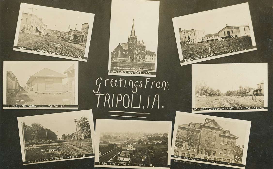 Landscapes, Aerial Shots, Businesses and Factories, Tripoli, IA, postcard, Cities and Towns, history of Iowa, Schools and Education, Main Streets & Town Squares, Iowa History, church, Iowa, mainstreet, Waverly Public Library, dirt road