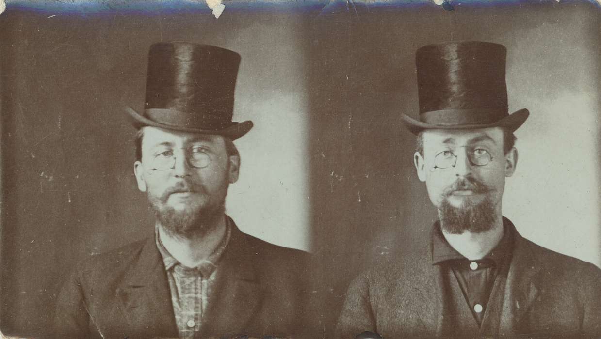 photo booth, Iowa, beard, suit, O'Brink, Lisa, Portraits - Individual, mustache, top hat, glasses, Iowa History, history of Iowa, portrait