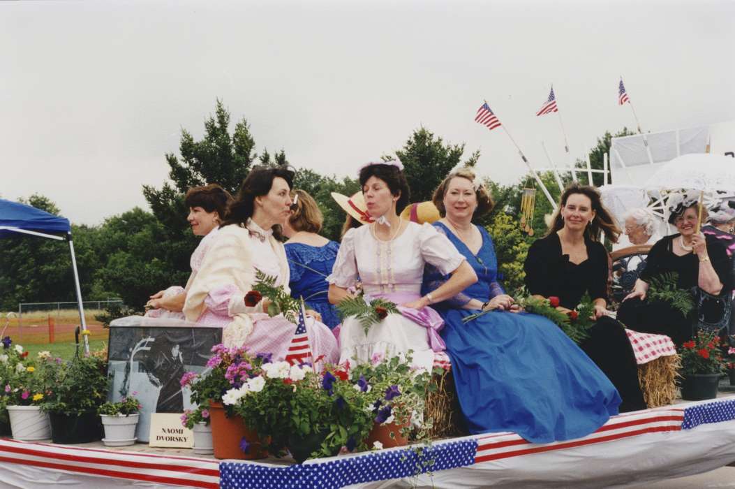 sun hat, fourth of july, Johnson County Historical Society, Fairs and Festivals, flowers, dresses, parasols, Holidays, shawl, parade, parade float