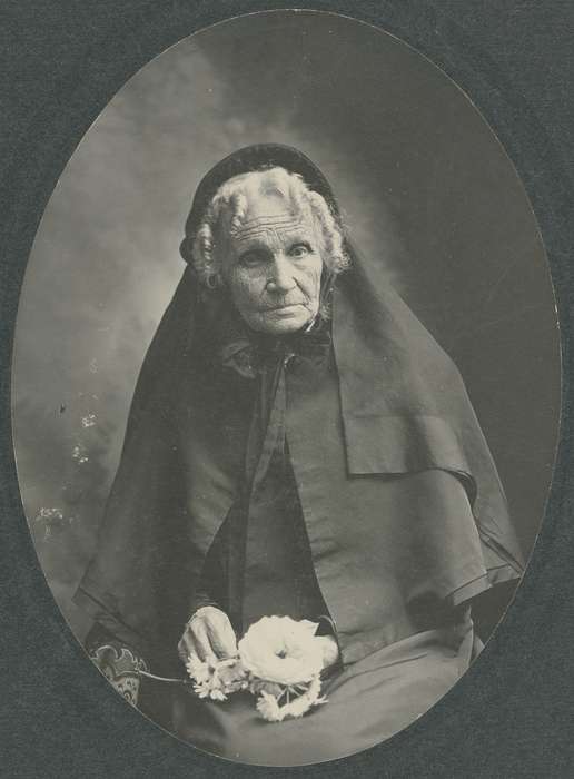 old woman, Portraits - Individual, Waverly, IA, Iowa, Waverly Public Library, flowers, Iowa History, history of Iowa, portrait, black dresses, bonnet