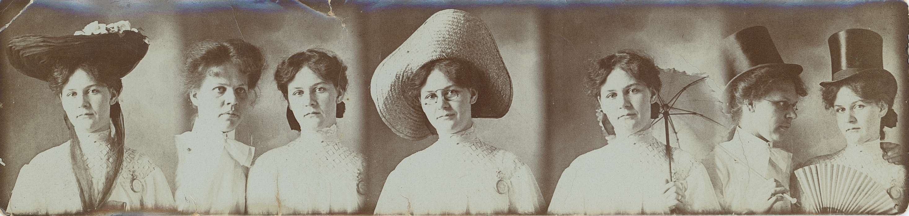 Iowa, sun hat, O'Brink, Lisa, top hat, glasses, women, Portraits - Group, silly, fan, Iowa History, history of Iowa, parasol, paper fan