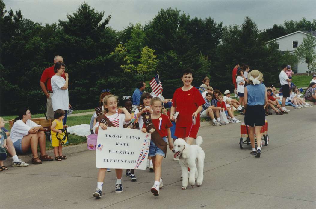 fourth of july, Civic Engagement, Johnson County Historical Society, Fairs and Festivals, wagon, Holidays, poodle, Children, parade, parade float, girl scouts