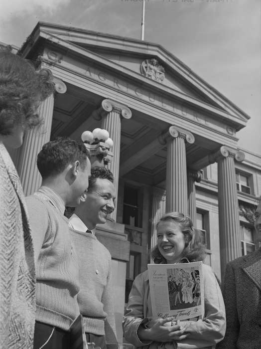 sweater, history of Iowa, students, pillar, Library of Congress, student, Main Streets & Town Squares, Schools and Education, Iowa History, smiles, Iowa, Cities and Towns