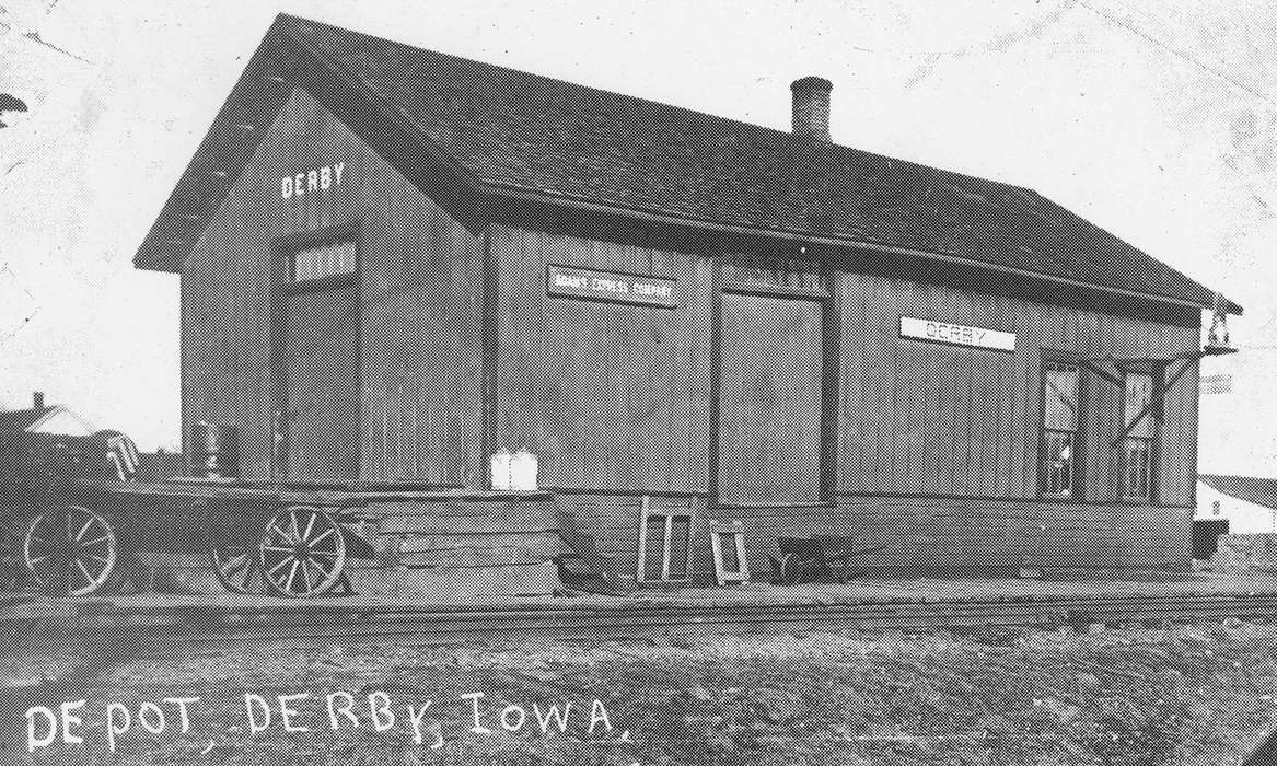 McLaughlin, Angie, Iowa History, history of Iowa, Derby, IA, Businesses and Factories, train tracks, depot, Iowa