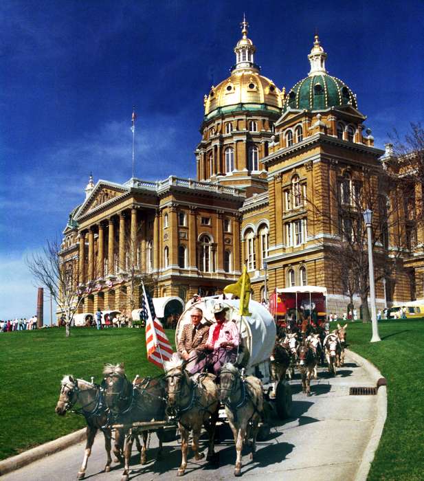 lawn, horse, Cities and Towns, Lemberger, LeAnn, Des Moines, IA, Iowa History, Entertainment, history of Iowa, dome, flag, Civic Engagement, wagon, Fairs and Festivals, cowboy hat, Animals, parade, Iowa, capitol