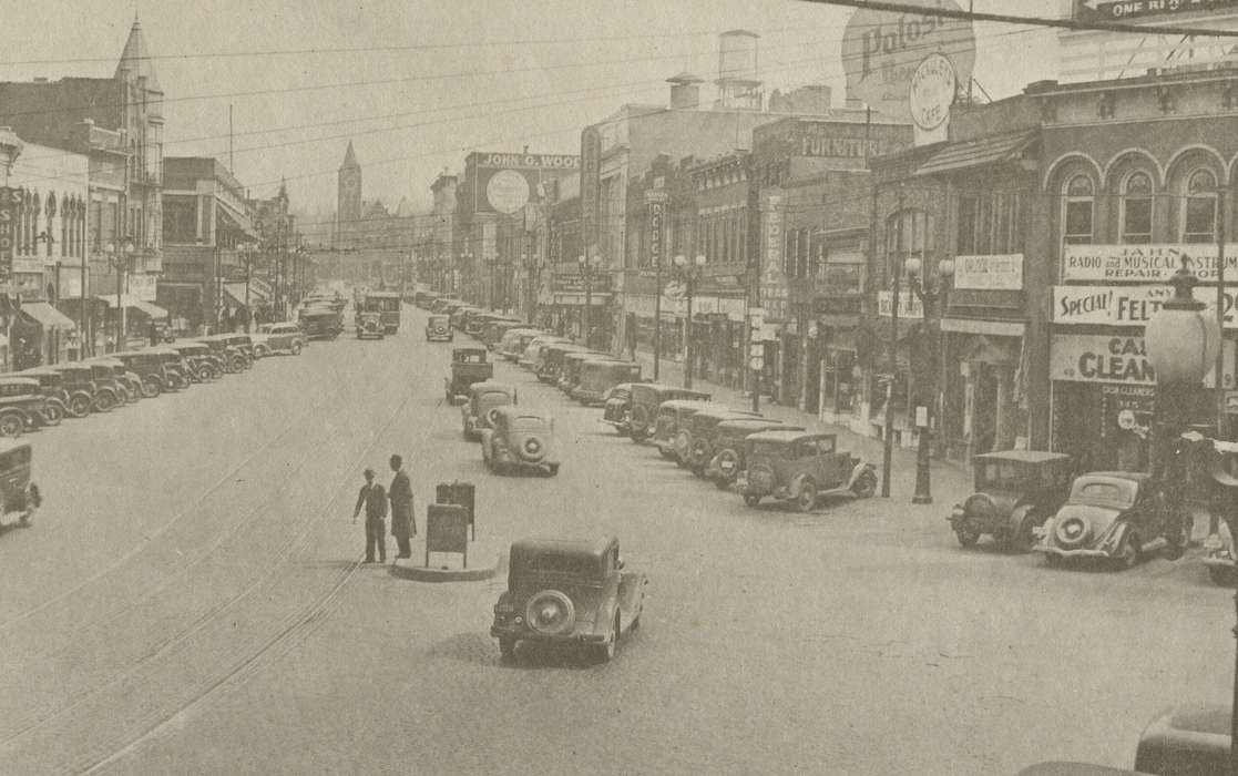 Motorized Vehicles, car, Main Streets & Town Squares, Council Bluffs, IA, Iowa History, store, Cities and Towns, Henderson, Dan, Iowa, downtown, history of Iowa