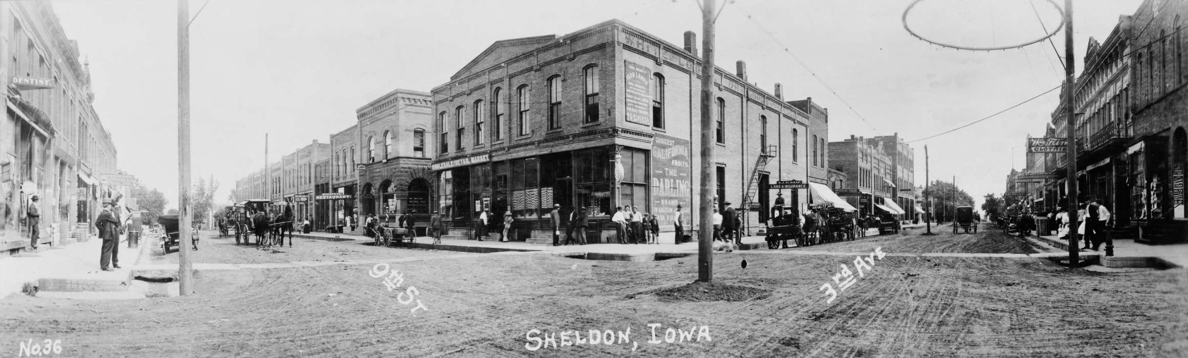 Businesses and Factories, Children, Leisure, storefront, panoramic, Iowa History, mainstreet, dirt street, brick building, Iowa, Library of Congress, horse and buggy, Main Streets & Town Squares, Cities and Towns, history of Iowa