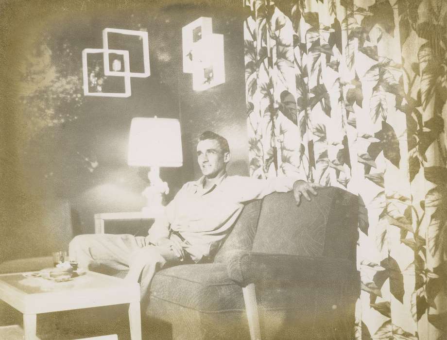 living room, mid-century modern, coffee table, decoration, West Union, IA, Portraits - Individual, Homes, couch, Iowa History, lamp, Iowa, Fink-Bowman, Janna, history of Iowa, curtain
