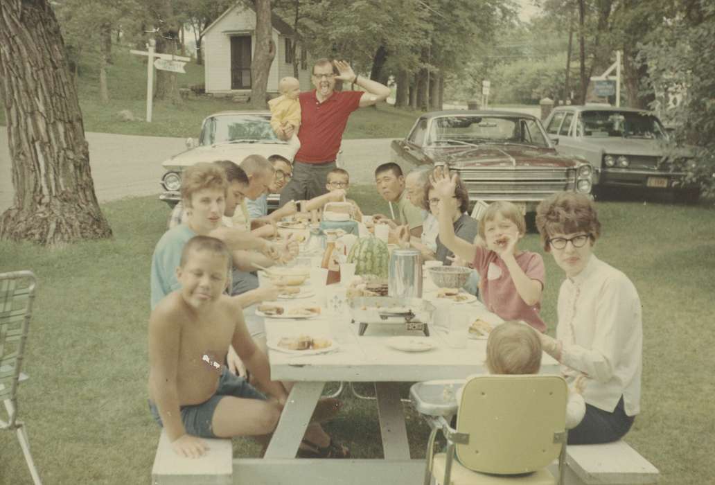 picnic, Scheve, Mary, Motorized Vehicles, car, Iowa, Children, Iowa History, Families, Portraits - Group, silly, Food and Meals, Leisure, ford, Okoboji, IA, history of Iowa