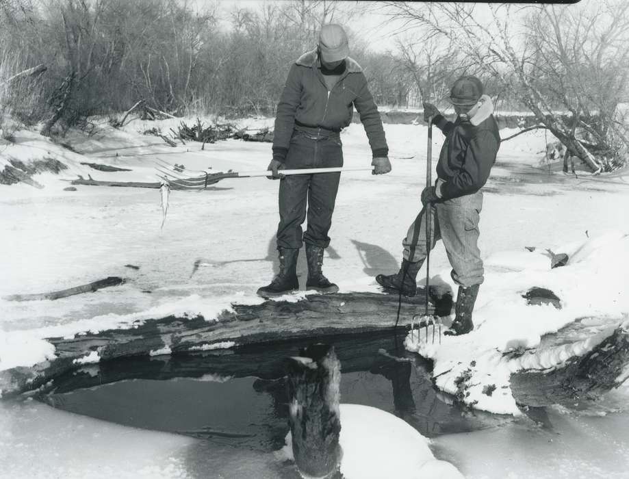 fishing, snow, ice fishing, Waverly Public Library, Iowa History, Winter, men, winter, Leisure, Iowa, history of Iowa, spear fishing