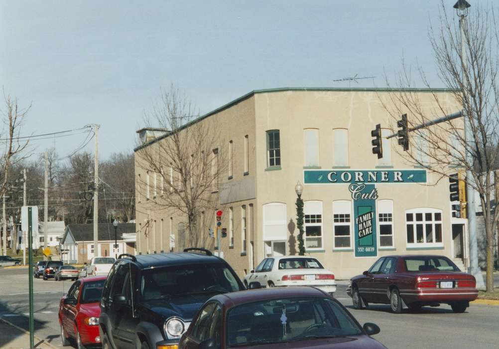 street corner, Iowa History, Businesses and Factories, mainstreet, correct date needed, history of Iowa, Iowa, Motorized Vehicles, Cities and Towns, Main Streets & Town Squares, storefront, Waverly Public Library