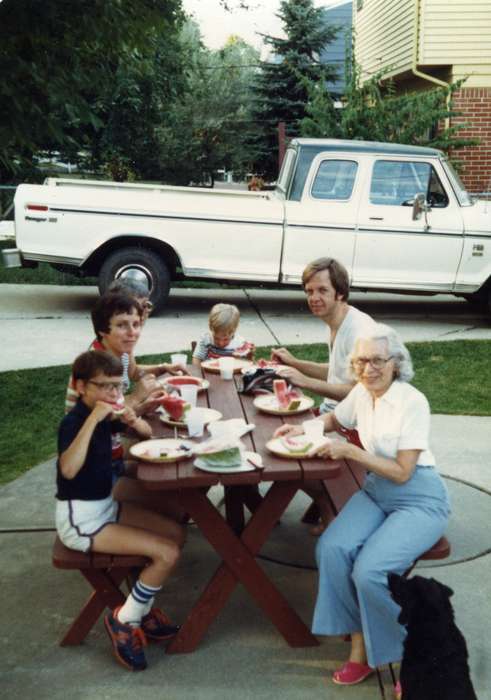Olsson, Ann and Jons, watermelon, picnic table, picnic, grandmother, Food and Meals, Iowa History, truck, Travel, Portraits - Group, Families, Farmington, MI, Iowa, history of Iowa, boys