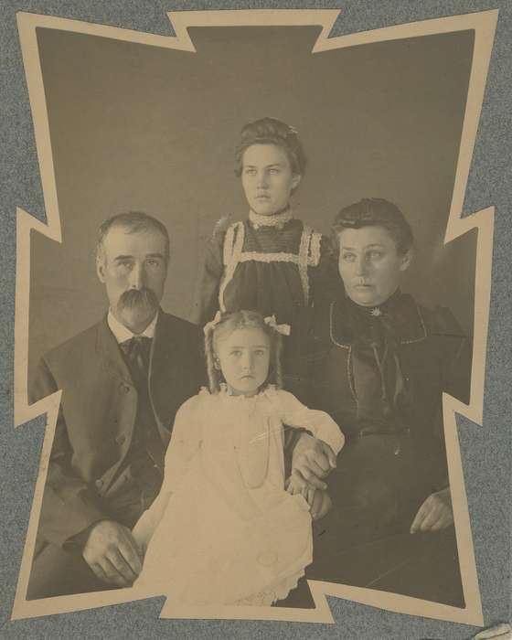 hairstyle, dress, family, lace, Neymeyer, Robert, history of Iowa, curls, Iowa, Children, Iowa History, Portraits - Group, girl, mustache, Families, holding hands, correct date needed, Parkersburg, IA, couple