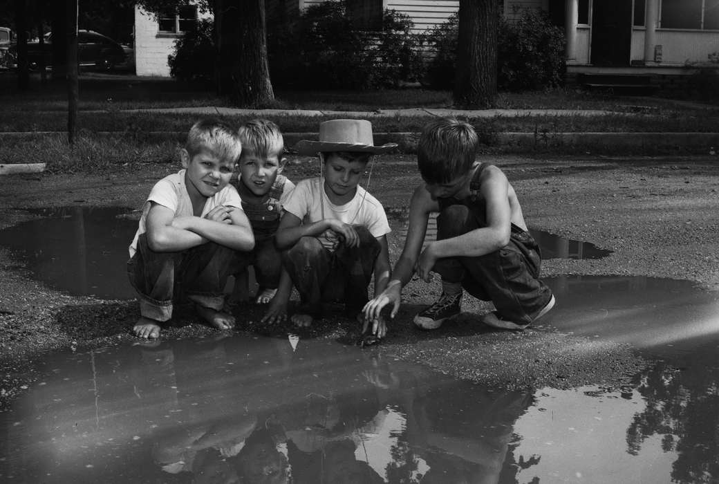 Portraits - Group, history, Photos, Children, street, Iowa, IA, turtle, Cities and Towns, boys, overalls, cowboy hat, United States, puddle, ia, Coon Rapids Enterprise, historic, Coon Rapids