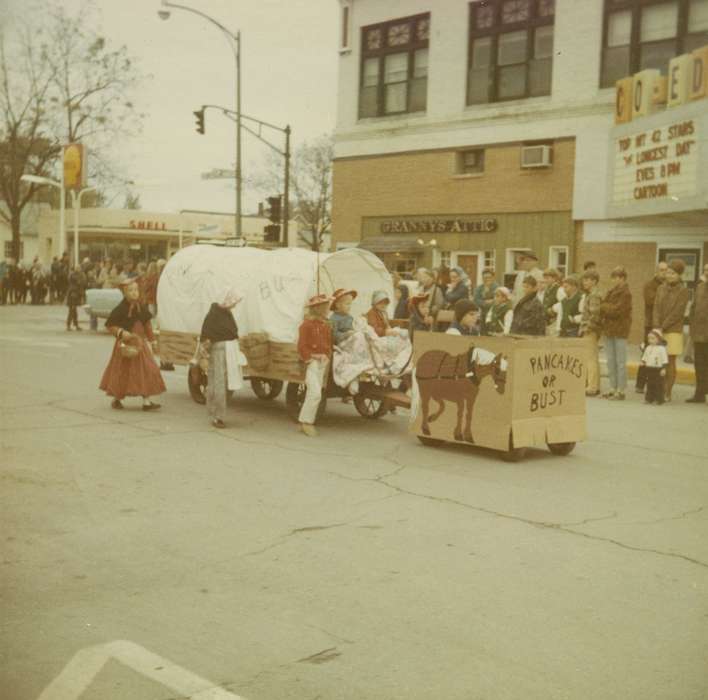 Main Streets & Town Squares, wagon, movie theater, parade, Cities and Towns, Iowa, Children, Iowa History, Boyke, Jan, IA, history of Iowa, Fairs and Festivals