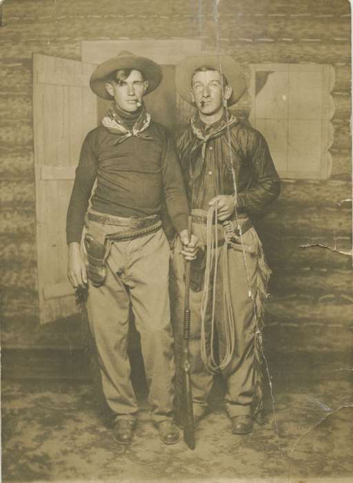 cowboy costume, gun, cigar, costume, Iowa History, Portraits - Group, Iowa, Clark, Paula, history of Iowa, IA