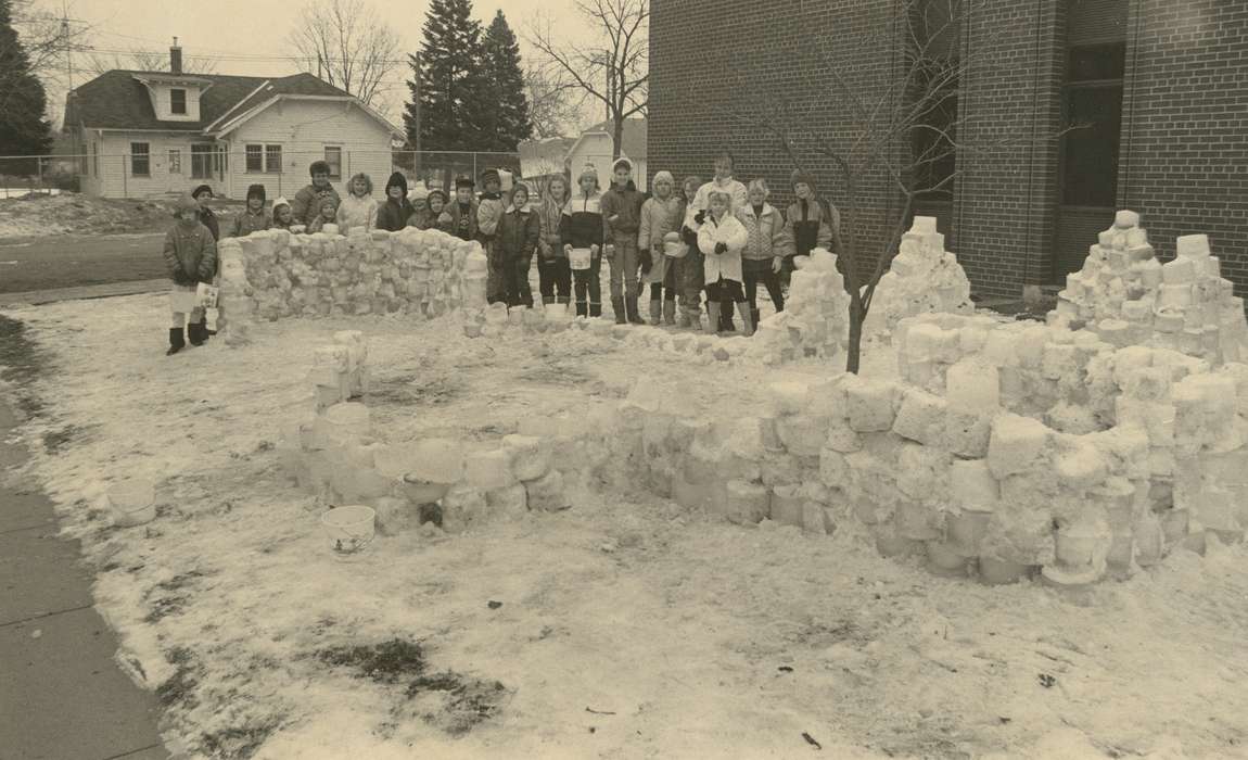 Outdoor Recreation, history of Iowa, Leisure, Schools and Education, Children, castle, Portraits - Group, snow fort, Entertainment, Iowa, Waverly, IA, Waverly Public Library, Iowa History, Winter