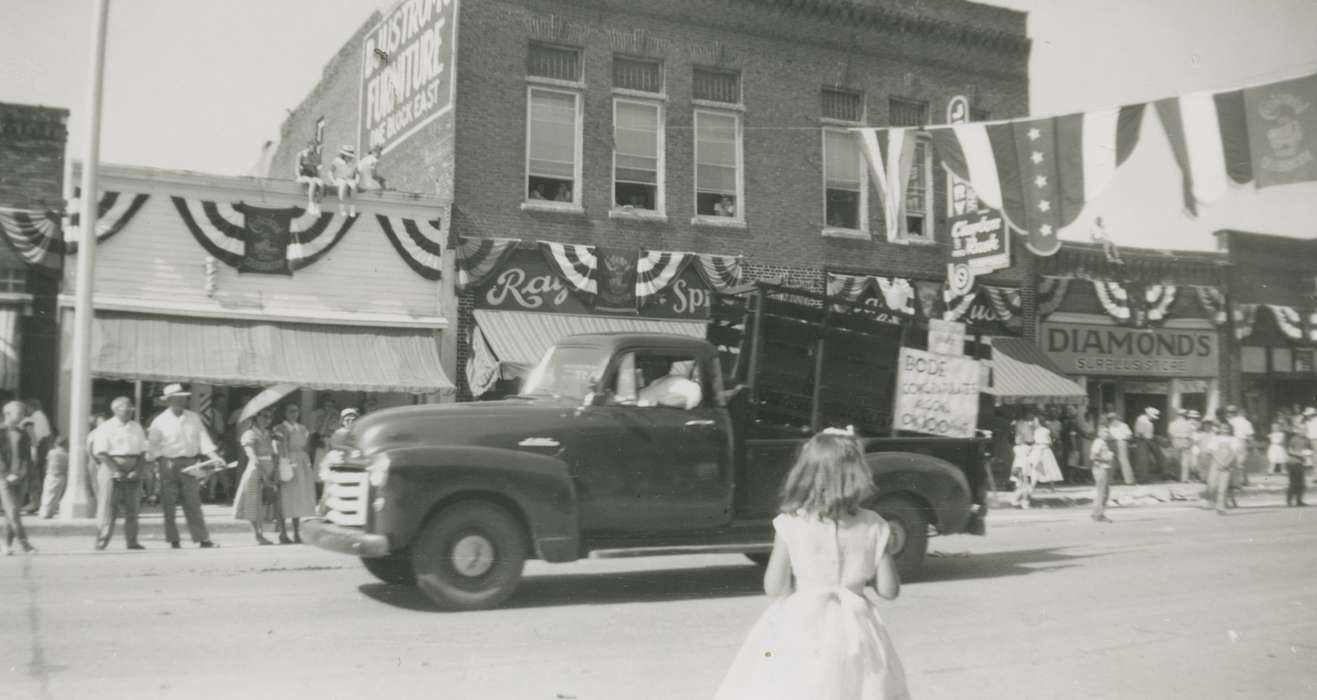 history of Iowa, Cities and Towns, Motorized Vehicles, Ostrum (Bratland), Arlene, Holidays, Iowa History, truck, parade, Iowa, Algona, IA, Main Streets & Town Squares, banner