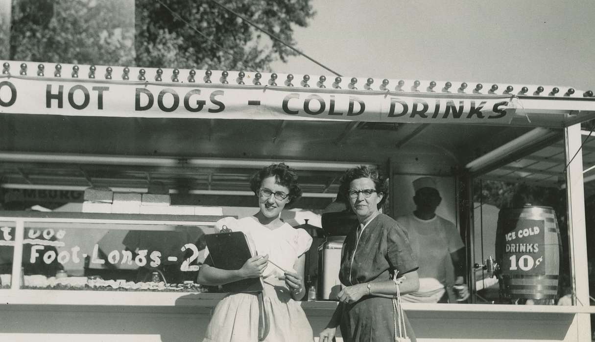 Iowa History, history of Iowa, Labor and Occupations, Waukee, IA, Fairs and Festivals, women, Scheve, Mary, hot dog, Food and Meals, clipboard, Iowa