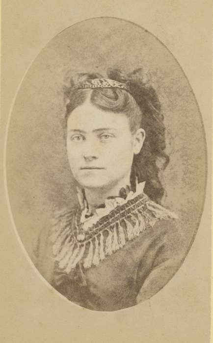 Oskaloosa, IA, history of Iowa, woman, ribbon, Portraits - Individual, Iowa, Iowa History, Olsson, Ann and Jons, curls, carte de visite
