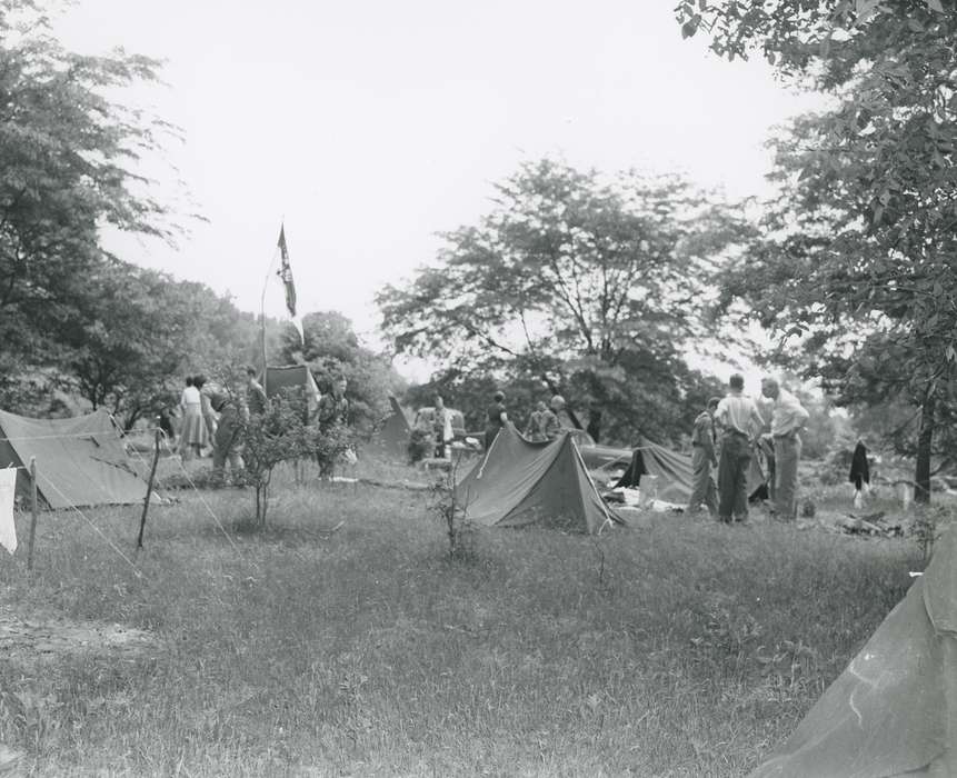 boy scout, Bremer County, IA, flag, Children, correct date needed, Iowa, tent, Iowa History, tree, people, Leisure, Waverly Public Library, history of Iowa