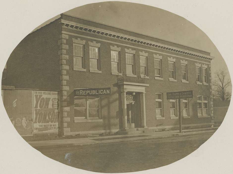 advertisement, dirt road, Meyer, Mary, Businesses and Factories, Cities and Towns, newspaper office, doctor's office