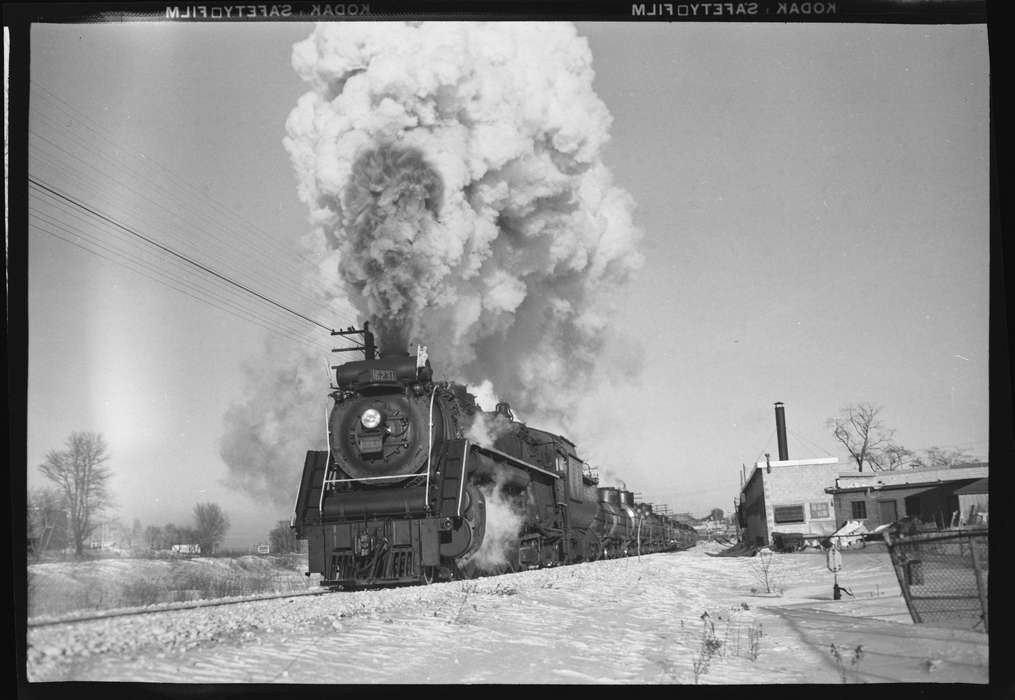 Iowa History, Archives & Special Collections, University of Connecticut Library, history of Iowa, town, tracks, smoke, train, Montreal, Quebec, Iowa