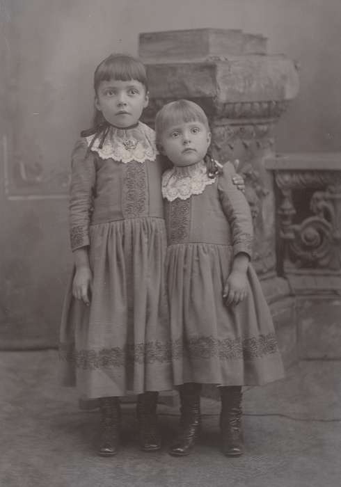 siblings, cabinet photo, high buttoned shoes, Olsson, Ann and Jons, history of Iowa, Iowa History, girl, lace collar, Sumner, IA, Portraits - Group, Iowa, painted backdrop, sisters, Children