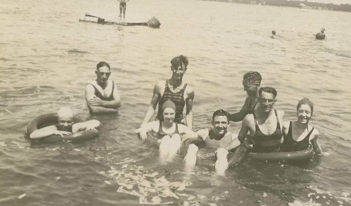 McMurray, Doug, bathing cap, Clear Lake, IA, swimsuit, bathing suit, Outdoor Recreation, Iowa History, inner tube, Portraits - Group, Lakes, Rivers, and Streams, Iowa, history of Iowa, lake