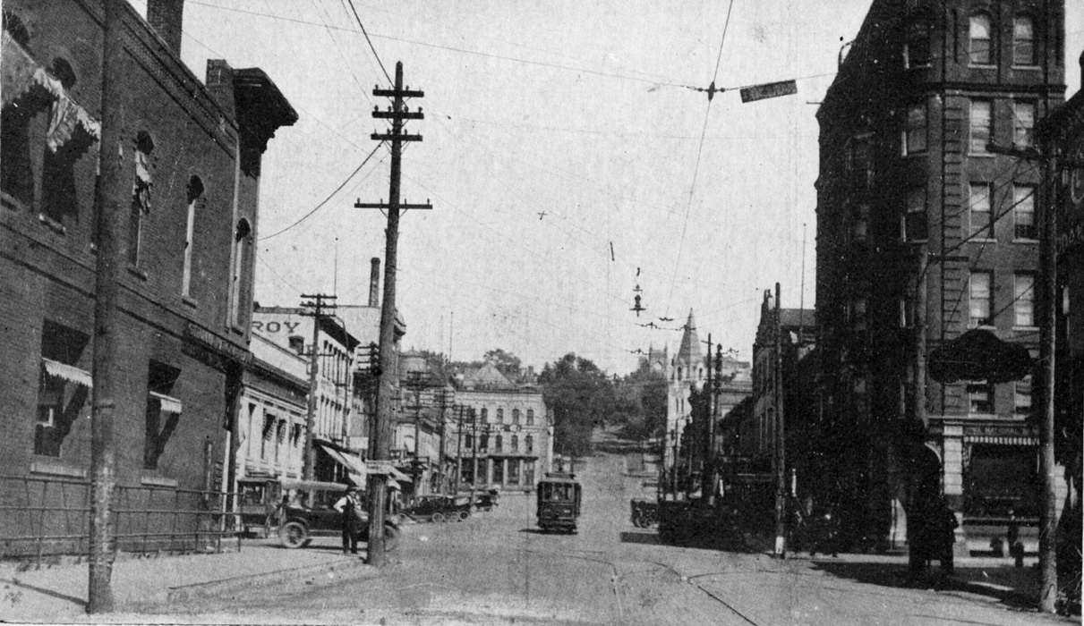telephone pole, Motorized Vehicles, Main Streets & Town Squares, car, Iowa History, Lemberger, LeAnn, mainstreet, Cities and Towns, Ottumwa, IA, street car, Iowa, model t, ford, trolley, history of Iowa