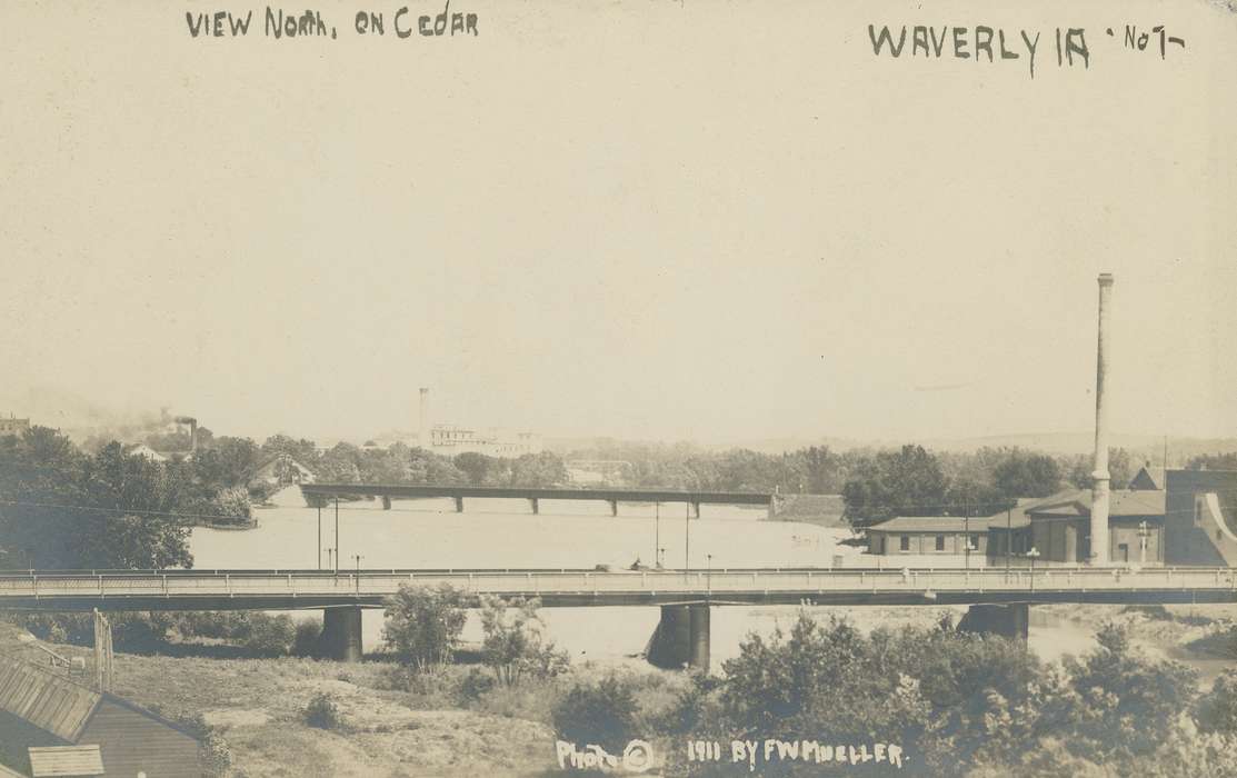 Cities and Towns, cedar river, Iowa History, bridge, Meyer, Sarah, Aerial Shots, Landscapes, Businesses and Factories, smoke, Main Streets & Town Squares, Waverly, IA, history of Iowa, Lakes, Rivers, and Streams, Iowa, railroad track, smokestack