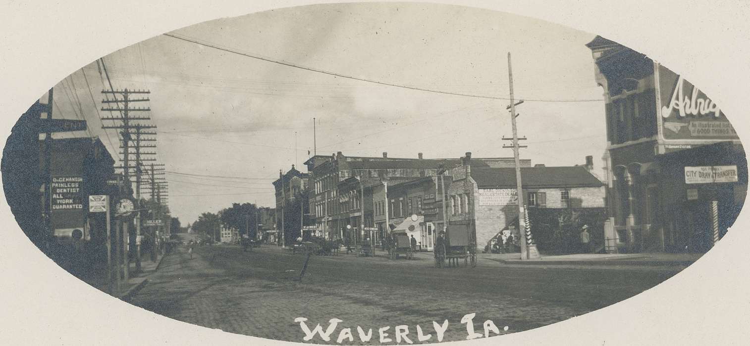 downtown, Iowa History, Businesses and Factories, Iowa, history of Iowa, Main Streets & Town Squares, Meyer, Mary, Animals, horse and buggy, Cities and Towns