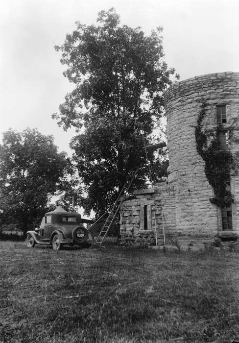 history of Iowa, tower, ladder, stone city art colony, Lemberger, LeAnn, Homes, Iowa, Stone City, IA, tree, Motorized Vehicles, stone, Iowa History, building, car