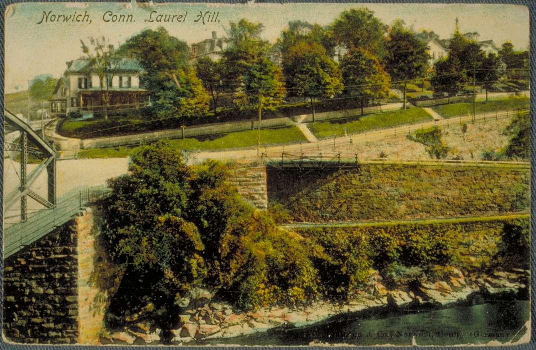 colorized, Norwich, CT, Archives & Special Collections, University of Connecticut Library, Iowa, bridge, house, tree, Iowa History, river, history of Iowa