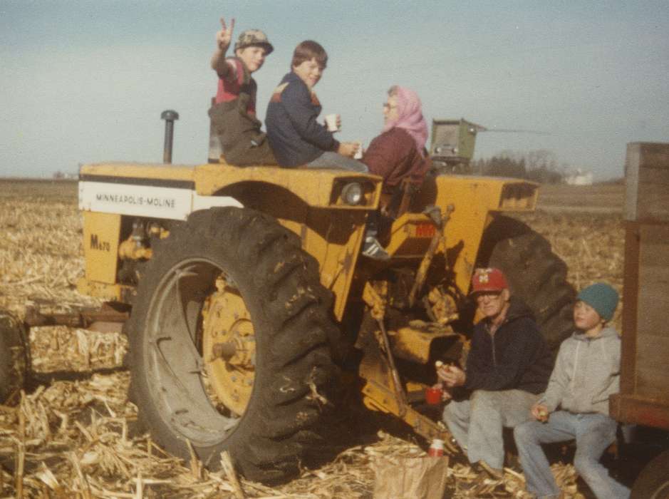 Children, Iowa History, tractor, cornstalk, Portraits - Group, Palmer, IA, Iowa, Farming Equipment, peace sign, Food and Meals, Farms, history of Iowa, Aden, Marilyn