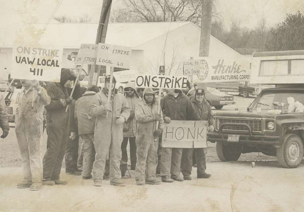 workers, strike, sign, Waverly Public Library, Civic Engagement, Iowa History, Waverly, IA, Iowa, Motorized Vehicles, history of Iowa, Labor and Occupations