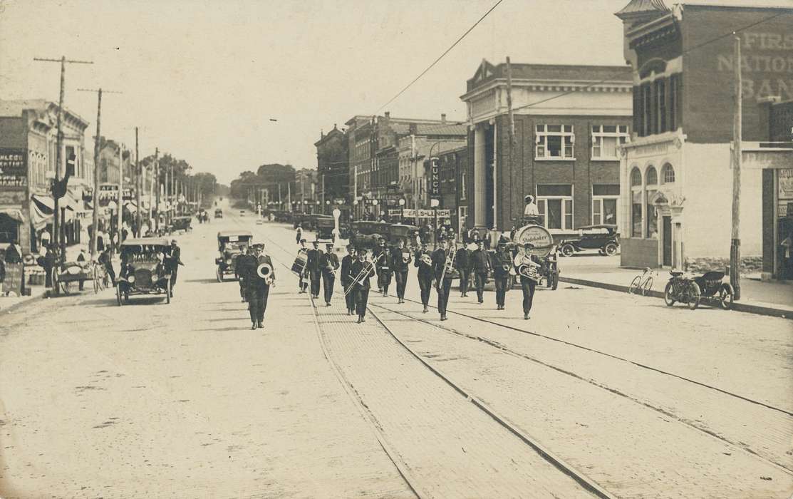 Meyer, Mary, bank, car, history of Iowa, Cities and Towns, Fairs and Festivals, trombone, model t, motorcycle, Iowa, Iowa History, Main Streets & Town Squares, Businesses and Factories, parade, trolley tracks