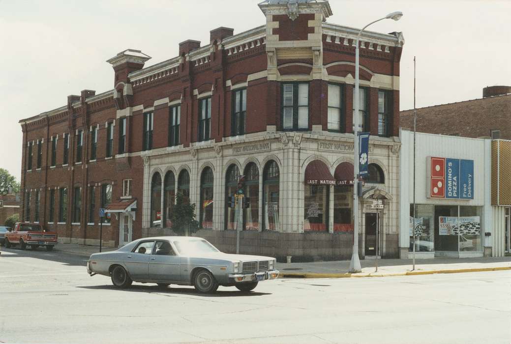 cars, Cities and Towns, history of Iowa, trucks, pizza, Businesses and Factories, Waverly Public Library, bank, Iowa History, Waverly, IA, Iowa, Food and Meals, domino's, Motorized Vehicles, Main Streets & Town Squares