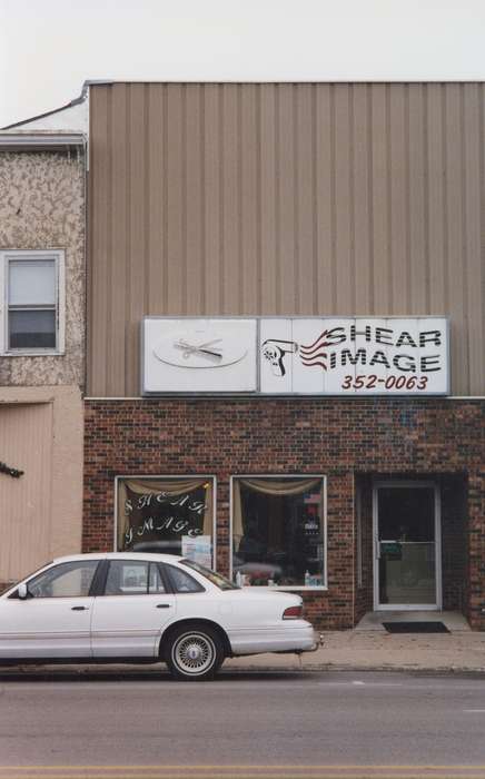 hair salon, correct date needed, mainstreet, Cities and Towns, store front, Iowa, Motorized Vehicles, history of Iowa, Waverly Public Library, Main Streets & Town Squares, Iowa History