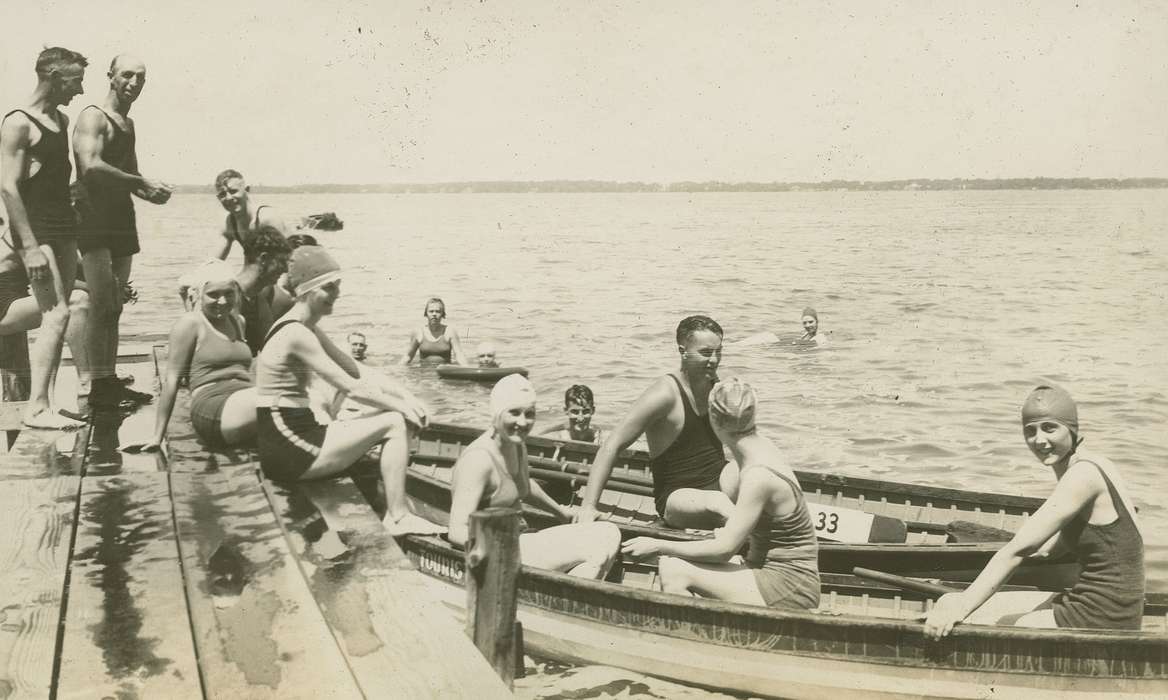 history of Iowa, bathing cap, Lakes, Rivers, and Streams, Clear Lake, IA, lake, Iowa, Iowa History, bathing suit, swimmer, swimsuit, McMurray, Doug, Portraits - Group, Leisure, dock, boat