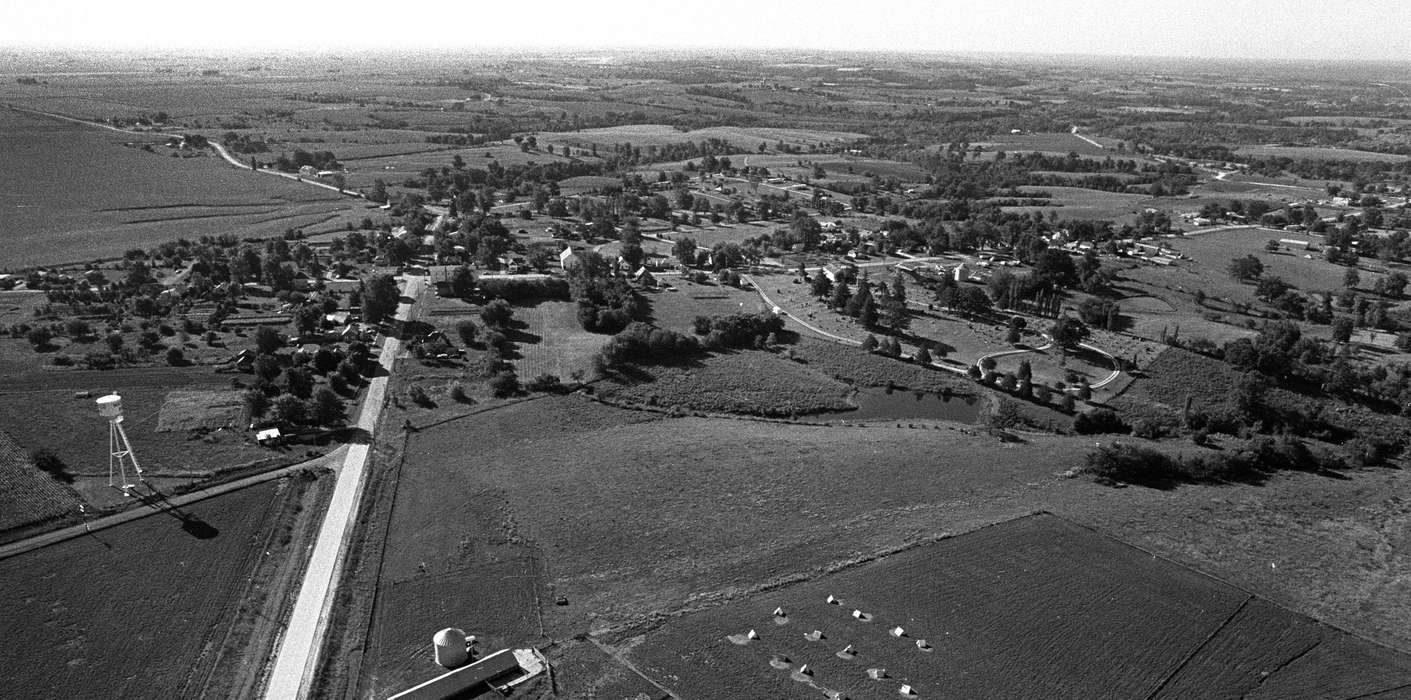 Iowa, Iowa History, Lemberger, LeAnn, field, Farms, Cities and Towns, Kirkville, IA, water tower, Aerial Shots, history of Iowa