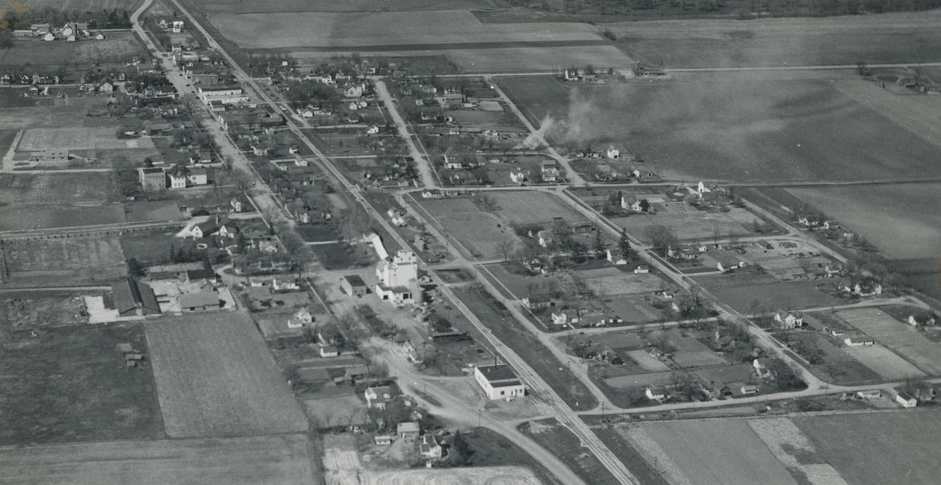 Plainfield, IA, building, road, correct date needed, Iowa History, field, tree, Iowa, Waverly Public Library, Aerial Shots, history of Iowa