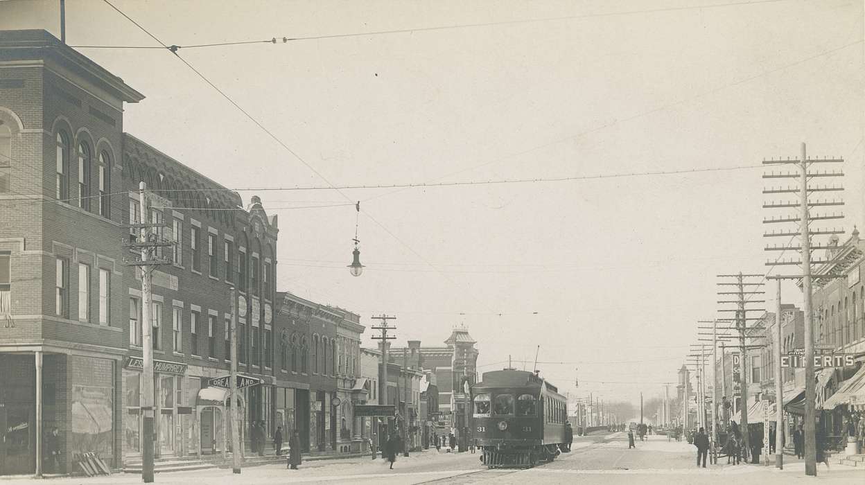 trolley, Iowa History, Businesses and Factories, Iowa, history of Iowa, Main Streets & Town Squares, Meyer, Mary, streetcar, power poles, Motorized Vehicles, Cities and Towns