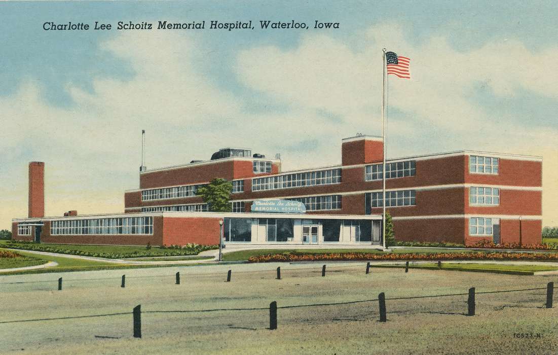 ia, IA, Hospitals, hospital, postcard, history, historic, Waterloo, american flag, Olsson, Ann and Jons, Iowa, Black Hawk, United States, Photos