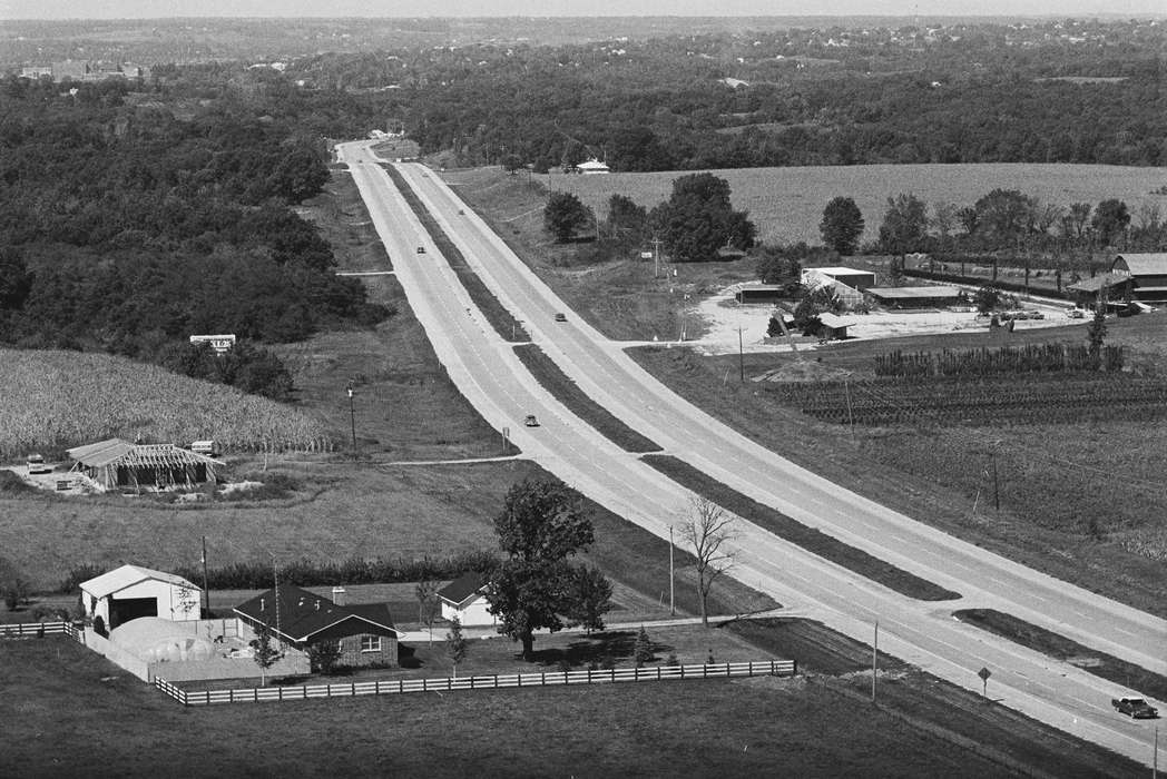 field, corn, highway, Motorized Vehicles, history of Iowa, Lemberger, LeAnn, Farms, car, Aerial Shots, Agency, IA, Iowa, Iowa History, Cities and Towns