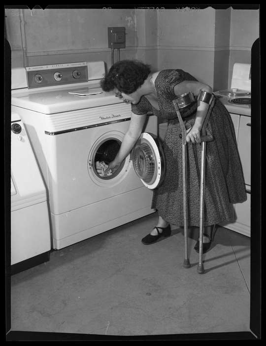 crutches, laundry, washer, Archives & Special Collections, University of Connecticut Library, Iowa, Iowa History, history of Iowa, woman, Storrs, CT