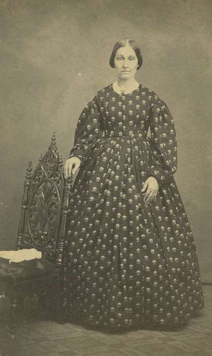 lace collar, history of Iowa, chair, Indianapolis, IN, dropped shoulder seams, brooch, bishop sleeves, Donner, Tracy, Iowa, Iowa History, dress, Portraits - Individual, hoop skirt