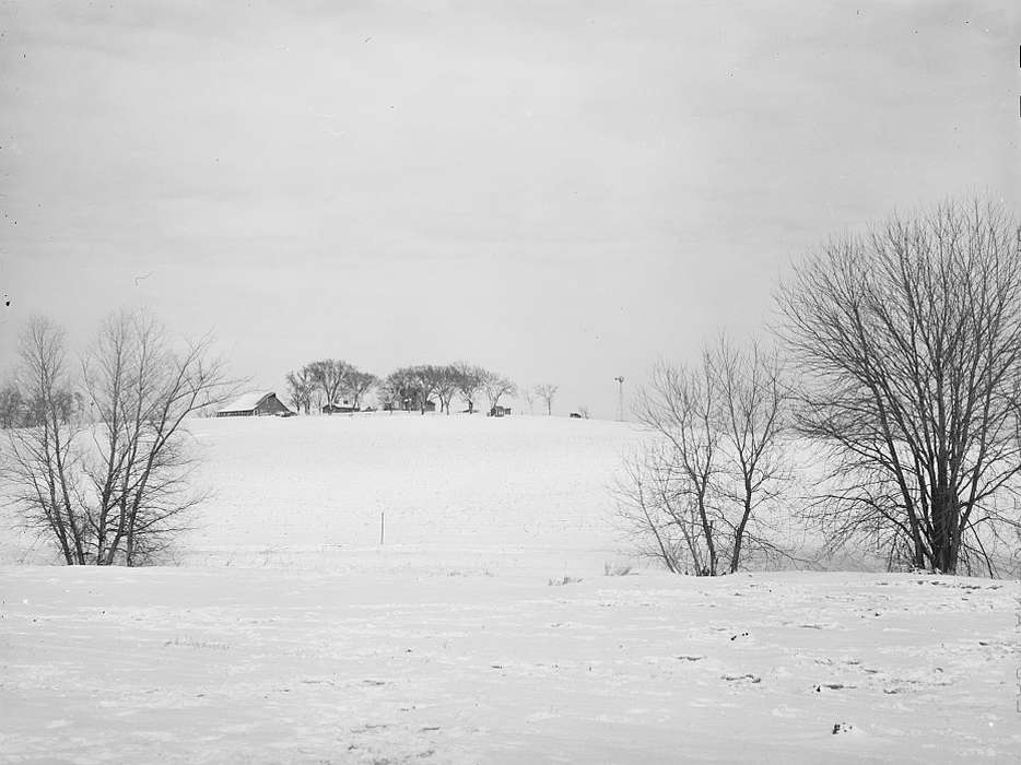 snow, red barn, Iowa History, Barns, sheds, fields, Winter, farmhouse, Iowa, Library of Congress, Homes, Farms, Landscapes, homestead, history of Iowa, windmill, trees