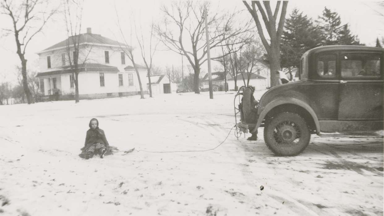 snow, sled, Motorized Vehicles, car, Children, Homes, Iowa History, Bode, IA, Ostrum (Bratland), Arlene, Farms, Winter, Portraits - Individual, Outdoor Recreation, Iowa, history of Iowa