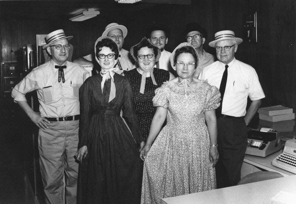 centennial, Boehm, Pam, Ogden, IA, Entertainment, Iowa, bonnets, typewriter, office, Iowa History, hats, glasses, Labor and Occupations, Leisure, Businesses and Factories, anniversary, history of Iowa